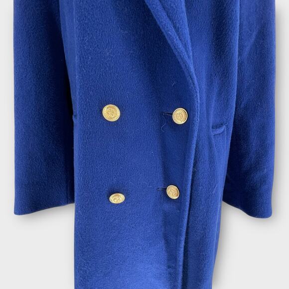Vintage Jennifer Chase Royal Blue Long Wool Pea Trench Coat Pleated Back 14 - Picture 2 of 11